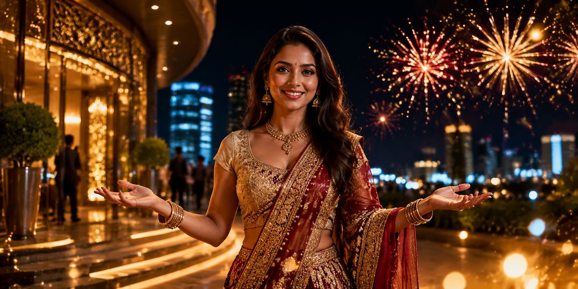 Indian woman smiling with mobile phone after registering for bonus